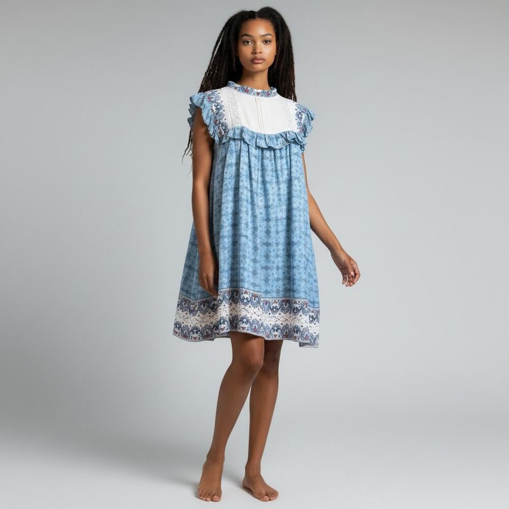 Sea New York Dress Size 8 Blue Paisley Ruffle Lace Boho Midi Shift Dress